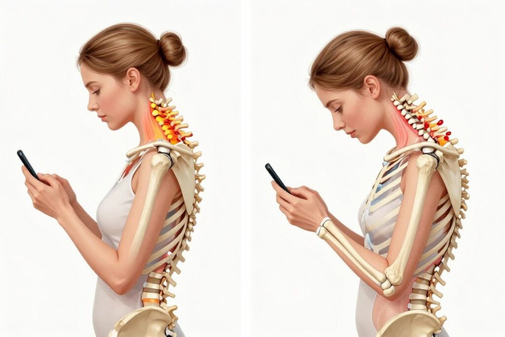 Comparație între postură corectă și text neck