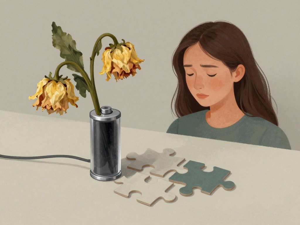 Concept vizual al burnout-ului emoțional în relație cu simboluri de epuizare și deconectare