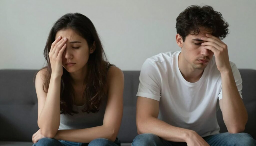 Cuplu evitând contactul vizual reprezentând problemele de comunicare cauzate de burnout