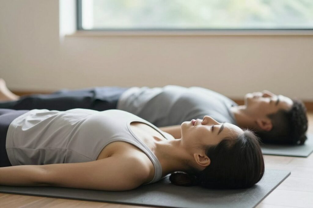 Cuplu practicând activități de relaxare împreună pentru prevenirea burnout-ului