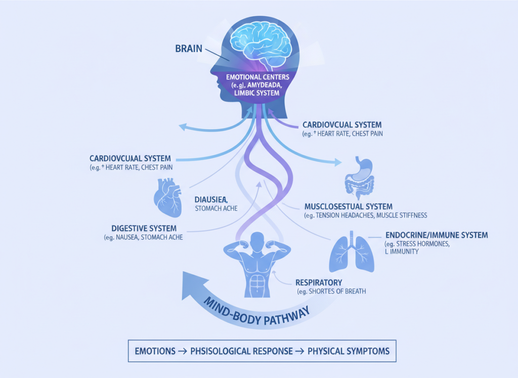 Diagram ilustrând conexiunea dintre creier, emoții și manifestări fizice în somatizare