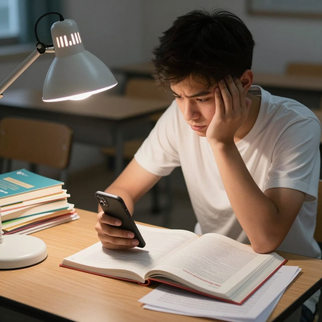 Elev distras de telefon în timpul studiului