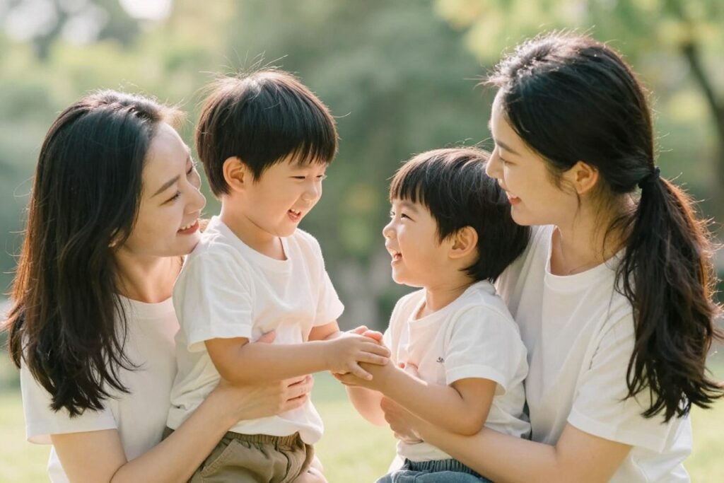 Familie fericita demonstrand atasament sigur intre parinti si copii
