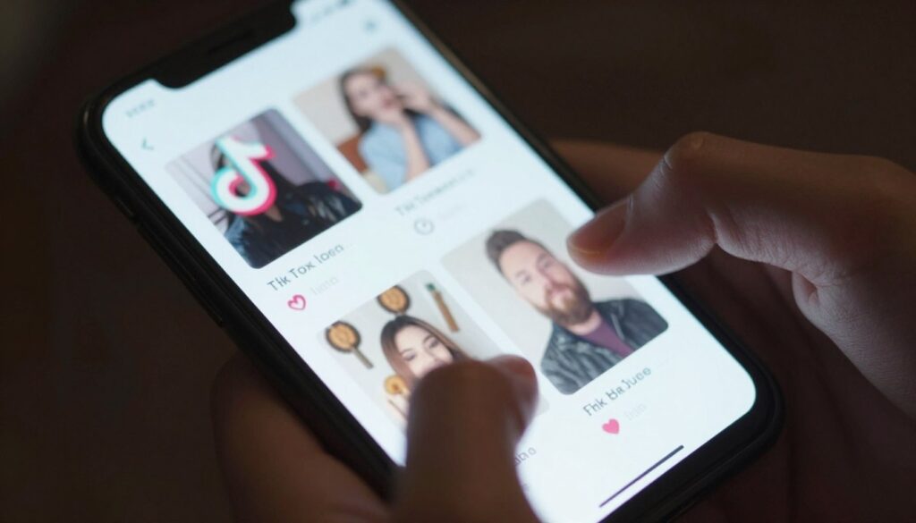 Mâini care derulează rapid prin feed-ul TikTok pe smartphone