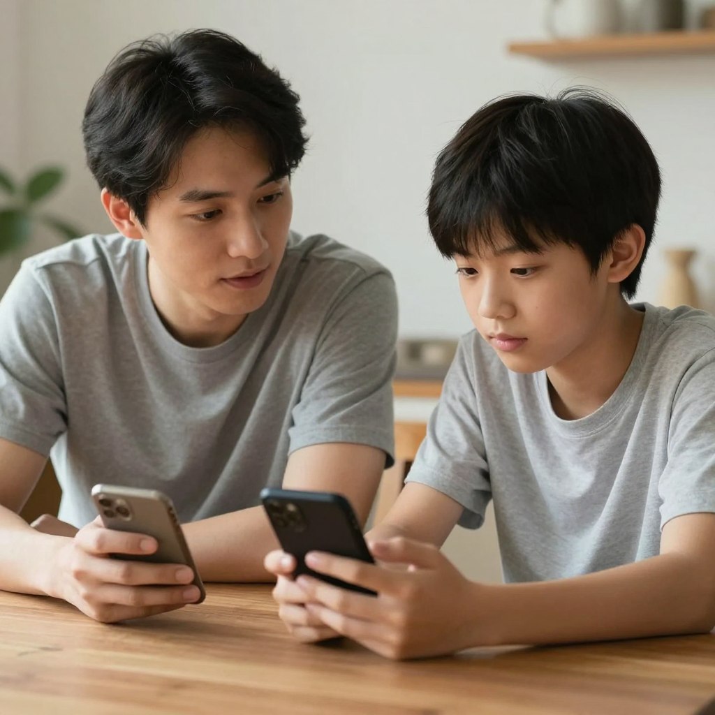 Părinte discutând cu copilul despre utilizarea telefonului