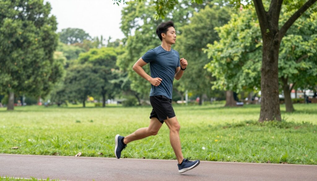 Persoană alergând în parc demonstrând beneficiile exercițiului pentru sănătatea mintală Persoană alergând în parc demonstrând beneficiile exercițiului pentru sănătatea mintală