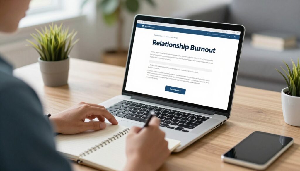 Persoană căutând informații despre burnout în relații pe laptop