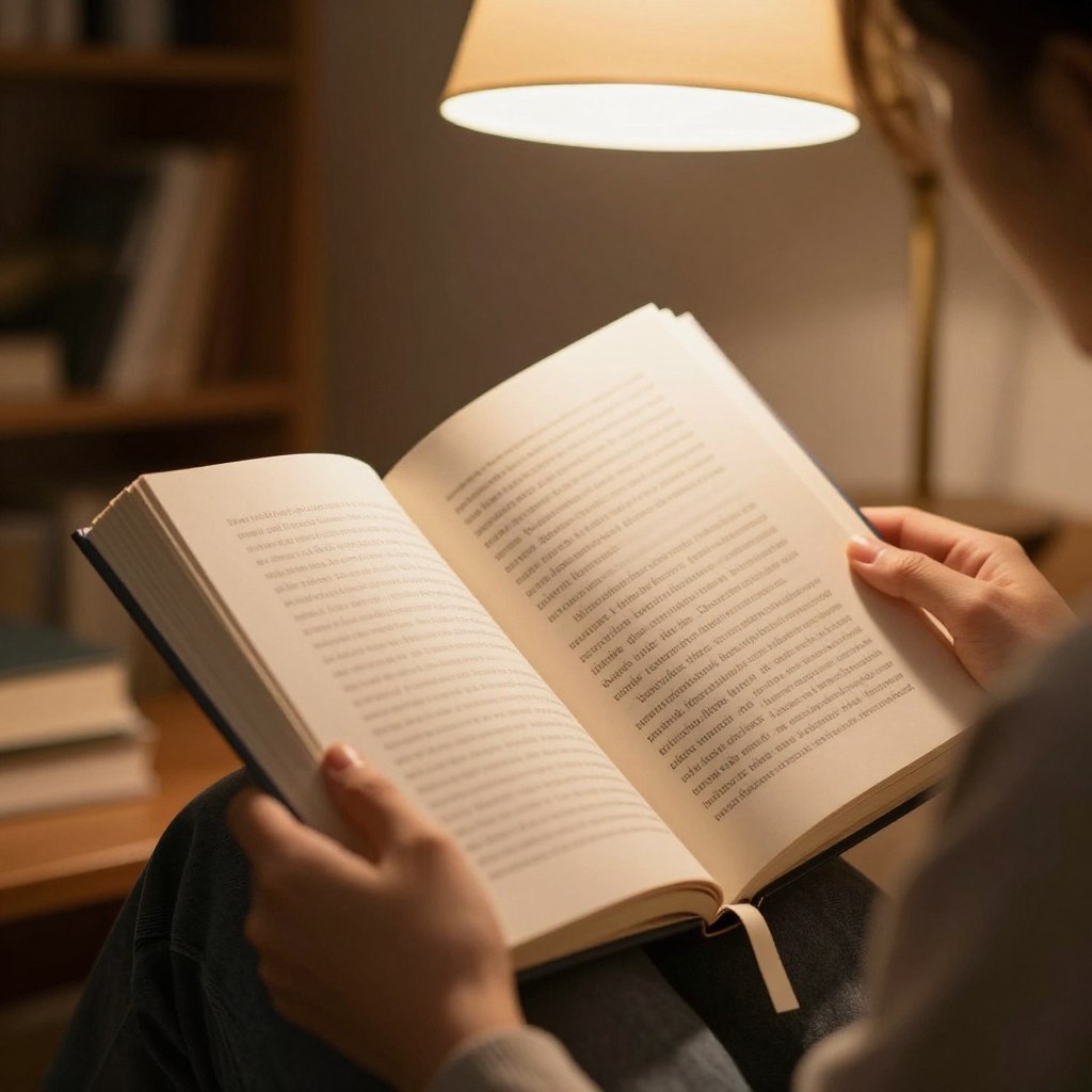 Persoană citind o carte fizică concentrat