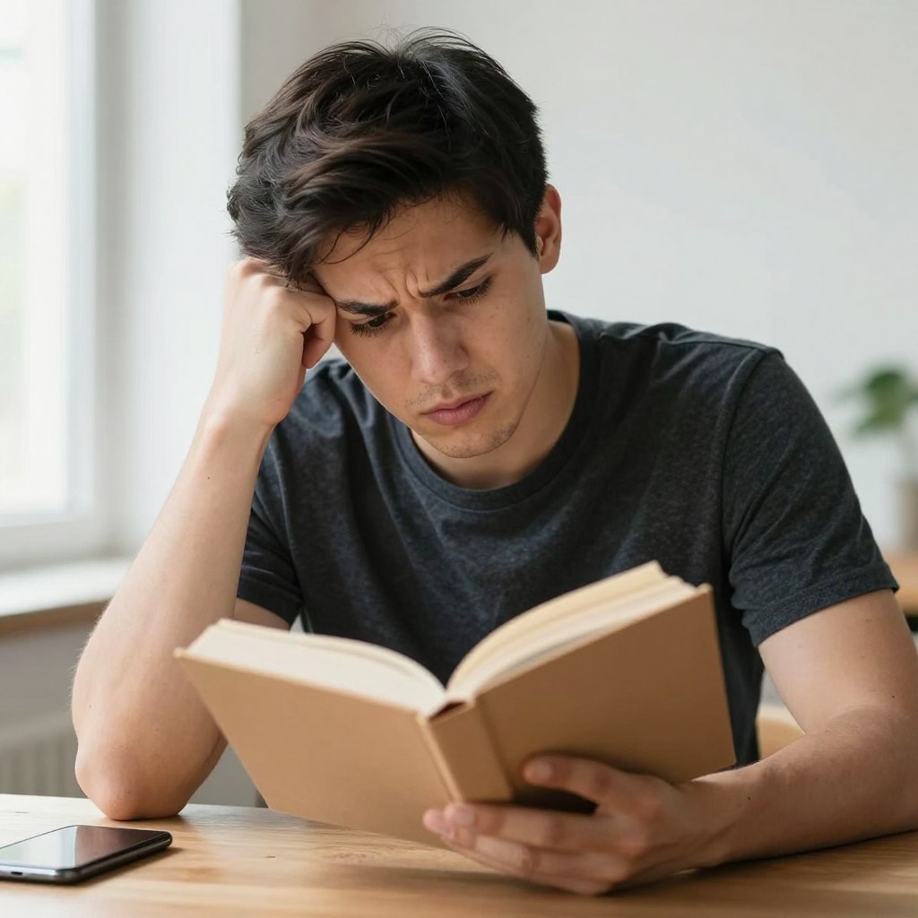 Persoană confuză încercând să citească o carte