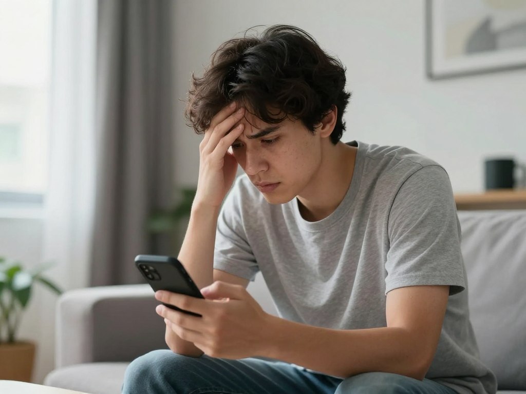 Persoana cu stil atasament anxios verificand telefonul, asteptand raspuns de la partener