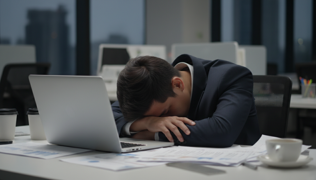 Persoană epuizată la birou manifestând impactul somatizării asupra productivității