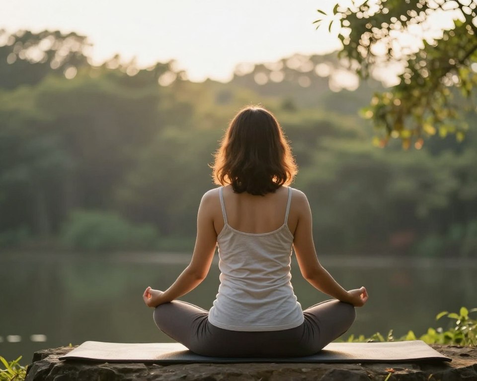 Persoană meditând în natură, practicând mindfulness pentru reducerea anxietății Persoană meditând în natură, practicând mindfulness pentru reducerea anxietății