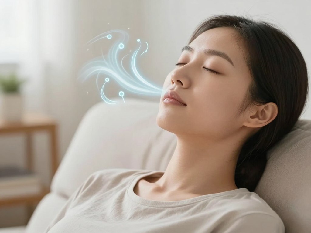 Persoană practicând exerciții de respirație profundă pentru reducerea anxietății Persoană practicând exerciții de respirație profundă pentru reducerea anxietății