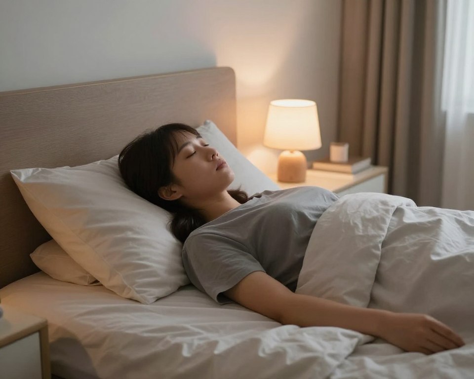 Persoană practicând tehnici de relaxare în pat pentru a adormi Persoană practicând tehnici de relaxare în pat pentru a adormi