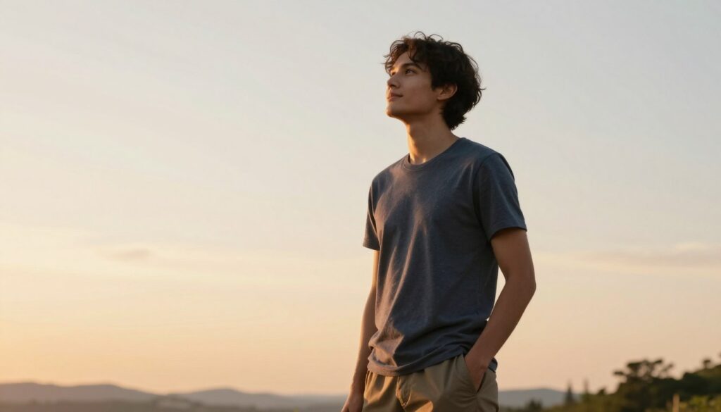 Persoană privind cu încredere spre viitor, fără telefon în mână