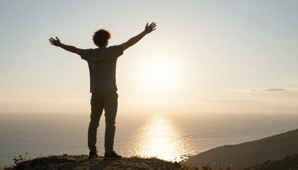 Persoană privind cu speranță spre orizont, simbolizând un viitor fără anxietate Persoană privind cu speranță spre orizont, simbolizând un viitor fără anxietate