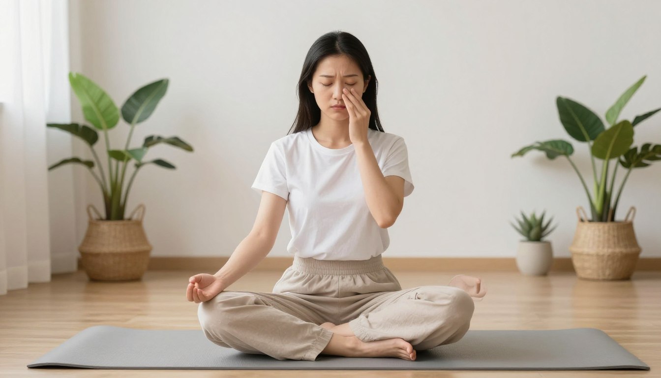 Persoană relaxată care meditează într-un spațiu liniștit, ilustrând gestionarea anxietății