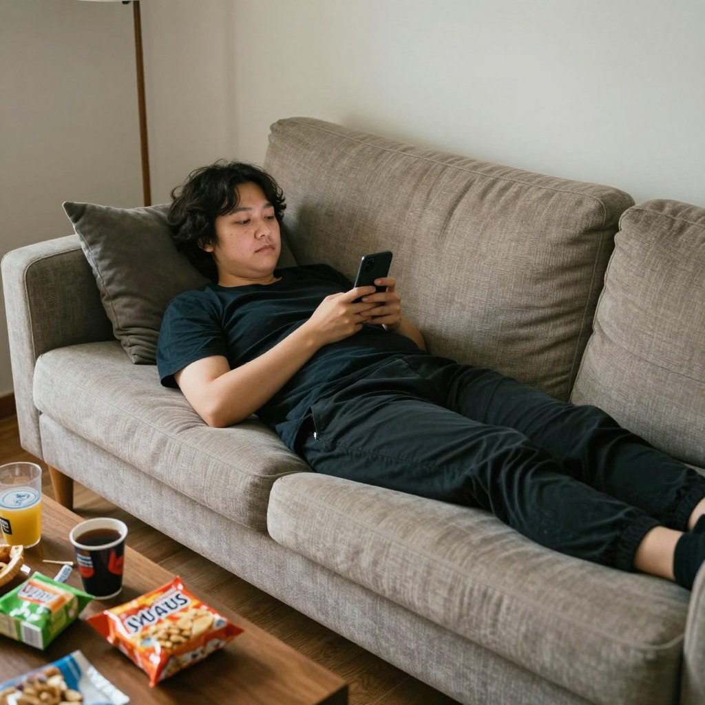 Persoană sedentară pe canapea folosind TikTok