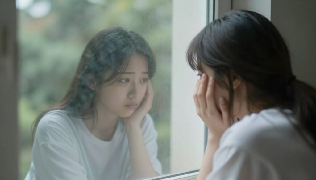 Persoană singură privind pe geam reflectând simptomele burnout-ului în relație