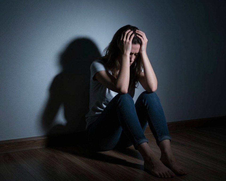 persoană epuizată emoțional stând pe podea în întuneric persoană epuizată emoțional stând pe podea în întuneric