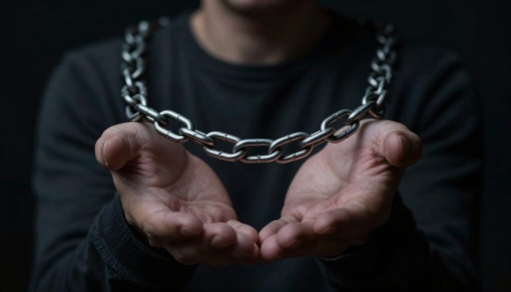 persoană în întuneric ținând lanț simbolizând dependență emoțională persoană în întuneric ținând lanț simbolizând dependență emoțională