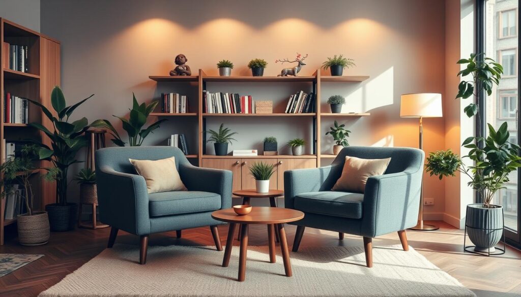 Cabinet de psihoterapie primitor, fotolii confortabile, atmosferă profesională dar caldă pentru terapia de cuplu în București