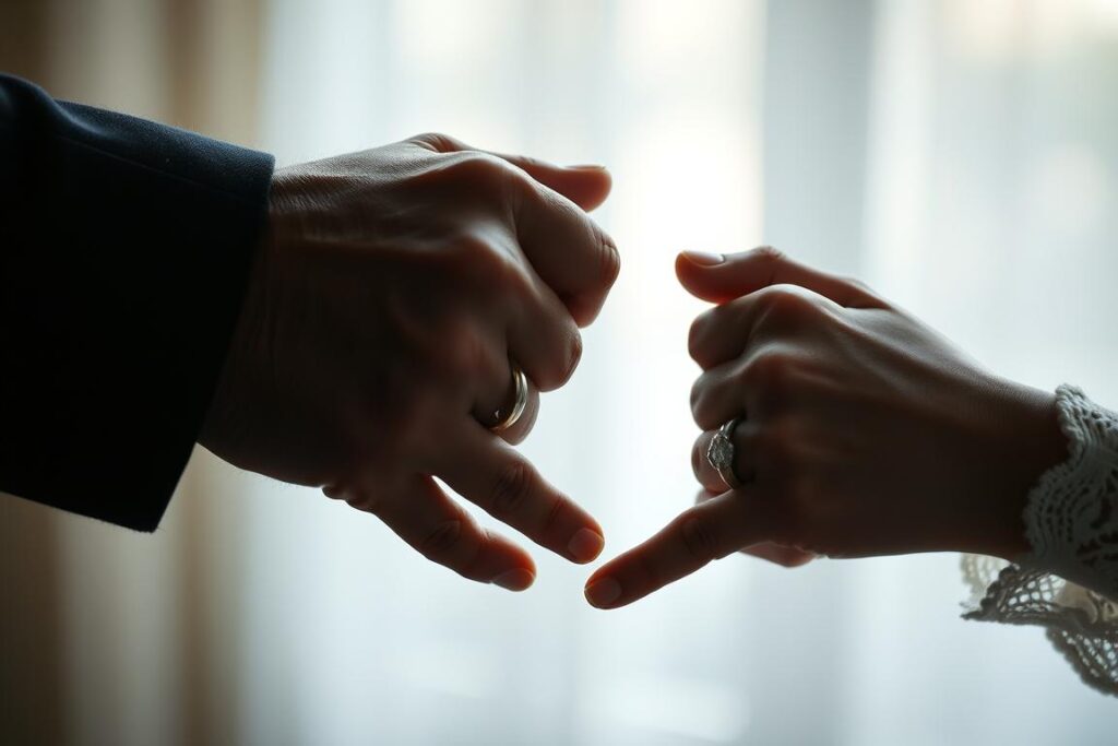 Close-up pe mâini separate, verighete vizibile, simbolizând ruptura încrederii într-o relație de cuplu după infidelitate