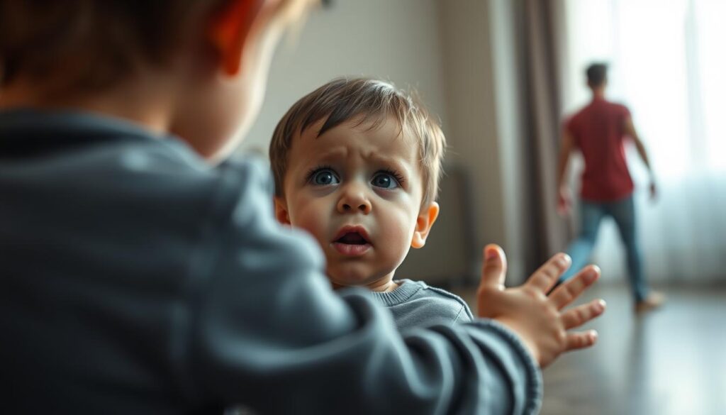 Copil mic cu expresie de atasament anxios față de părinte
