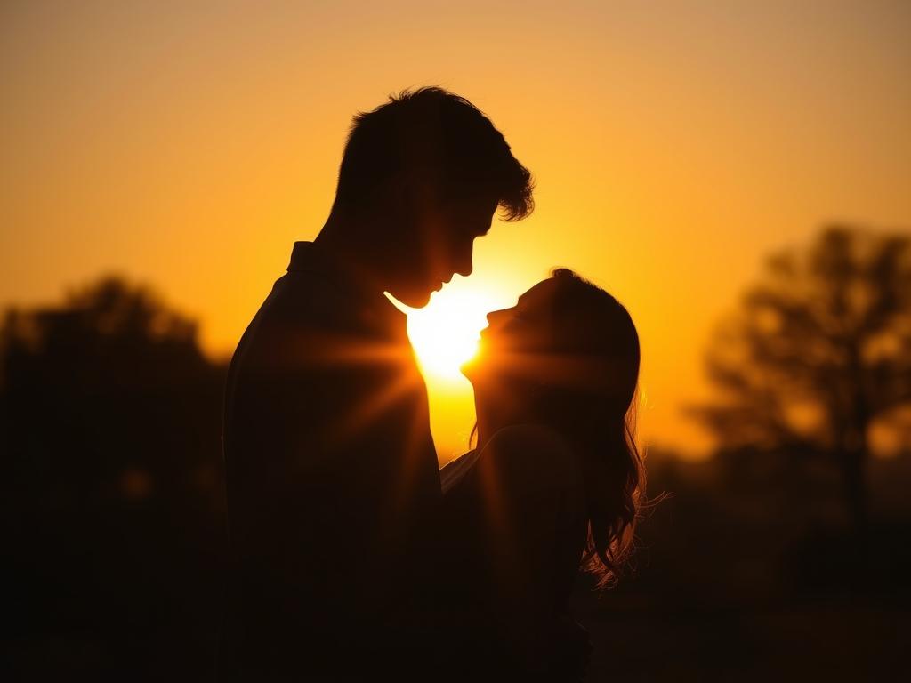 Cuplu îmbrățișându-se tandru la apus