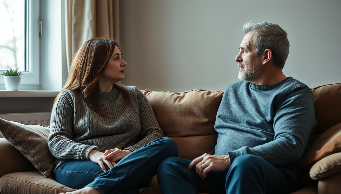 Cuplu în conversație dificilă despre infidelitate, discutând despre viitorul relației într-un cadru intim