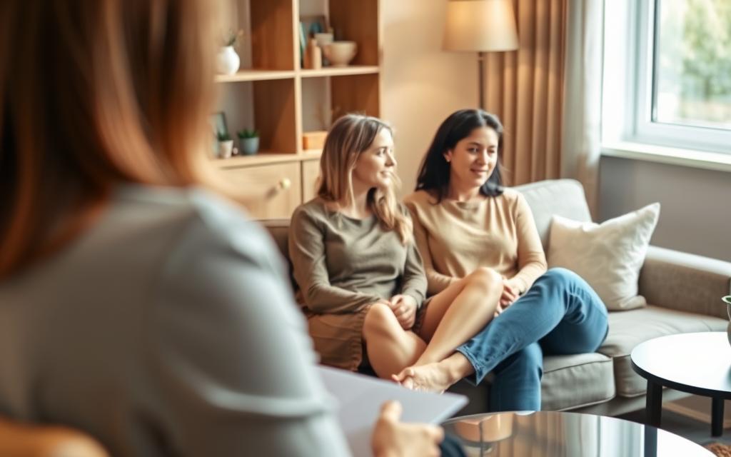 Cuplu în ședință de terapie vorbind cu psiholog