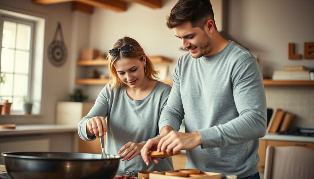 Cuplu lucrând împreună la o activitate comună, semn de efort coordonat pentru reconstrucția relației