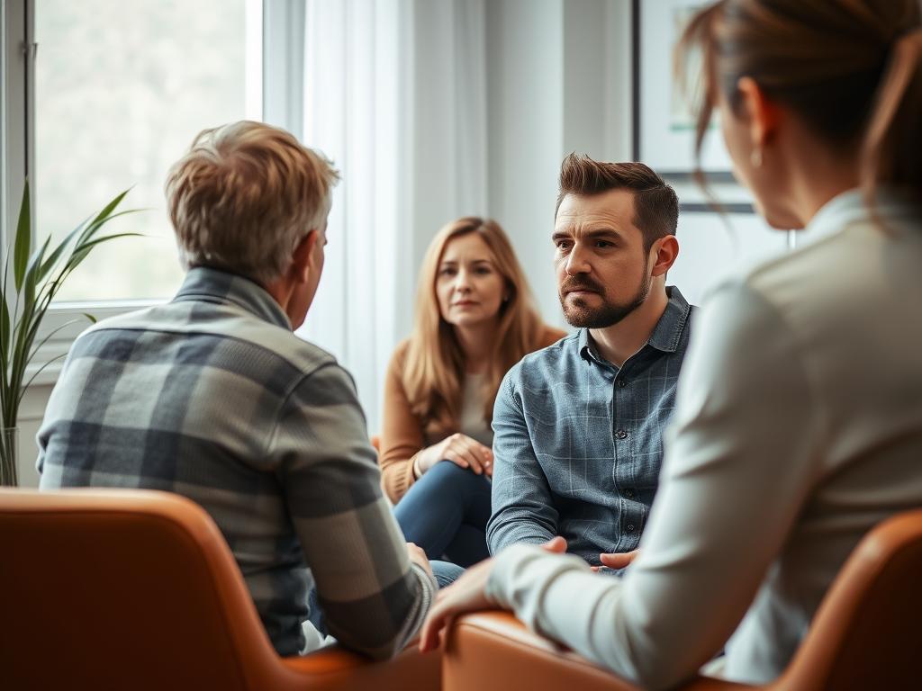 Cuplu participând la sesiune de terapie, ascultând atent terapeutul, atmosferă de lucru activ la rezolvarea problemelor
