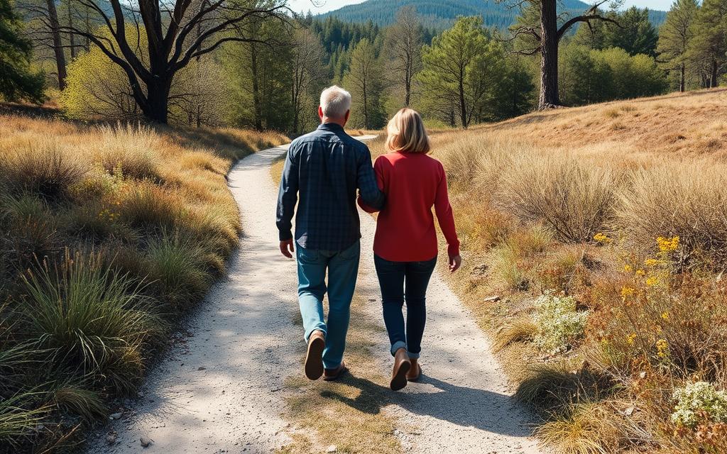 Cuplu plimbându-se împreună pe o cărare, spațiu între ei dar direcție comună, reprezentând călătoria de vindecare