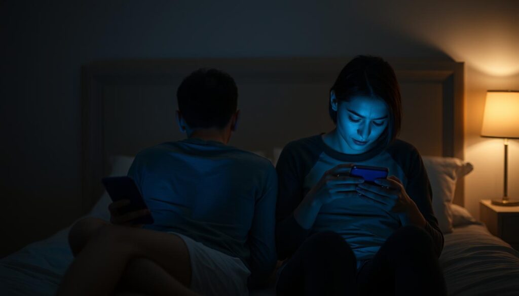 Cuplu privind fiecare în telefoanele lor ignorându-se unul pe celălalt