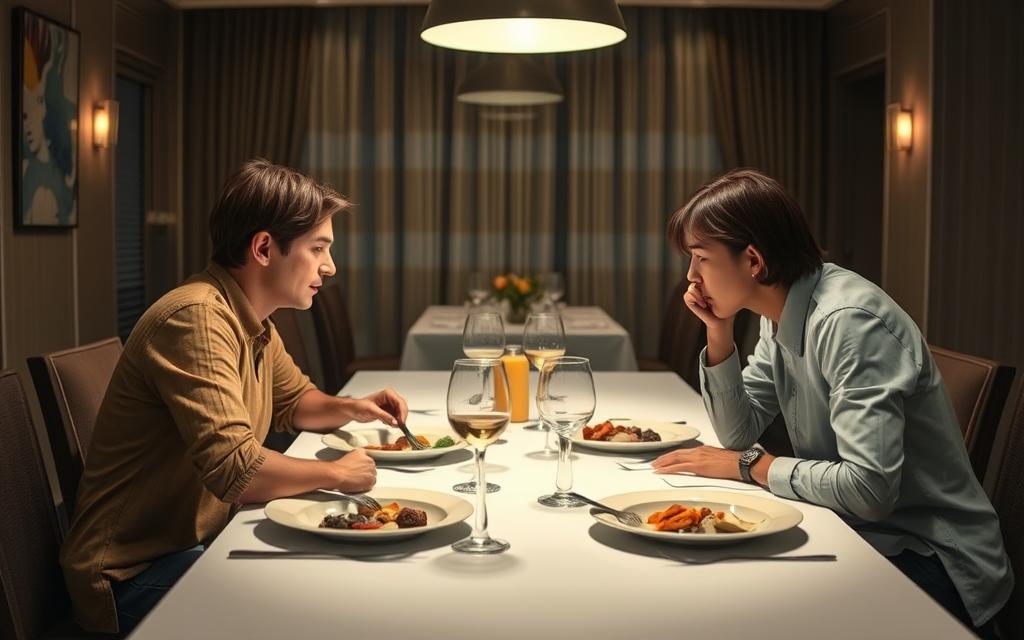 Cuplu stând în tăcere fără contact vizual