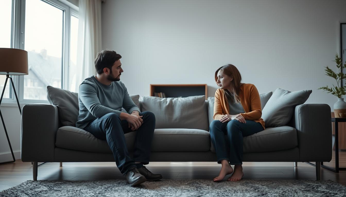 Cuplu stând pe canapea cu distanță între ei simbolizând pierderea intimității în relație