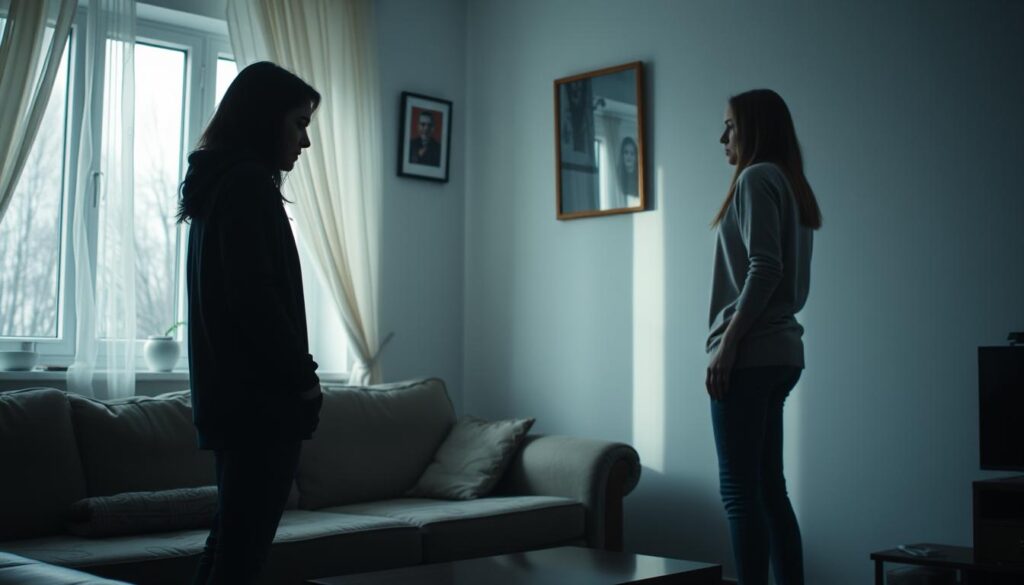Cuplu stând separat în aceeași cameră, evitând contactul vizual, atmosferă de tensiune și distanță după infidelitate