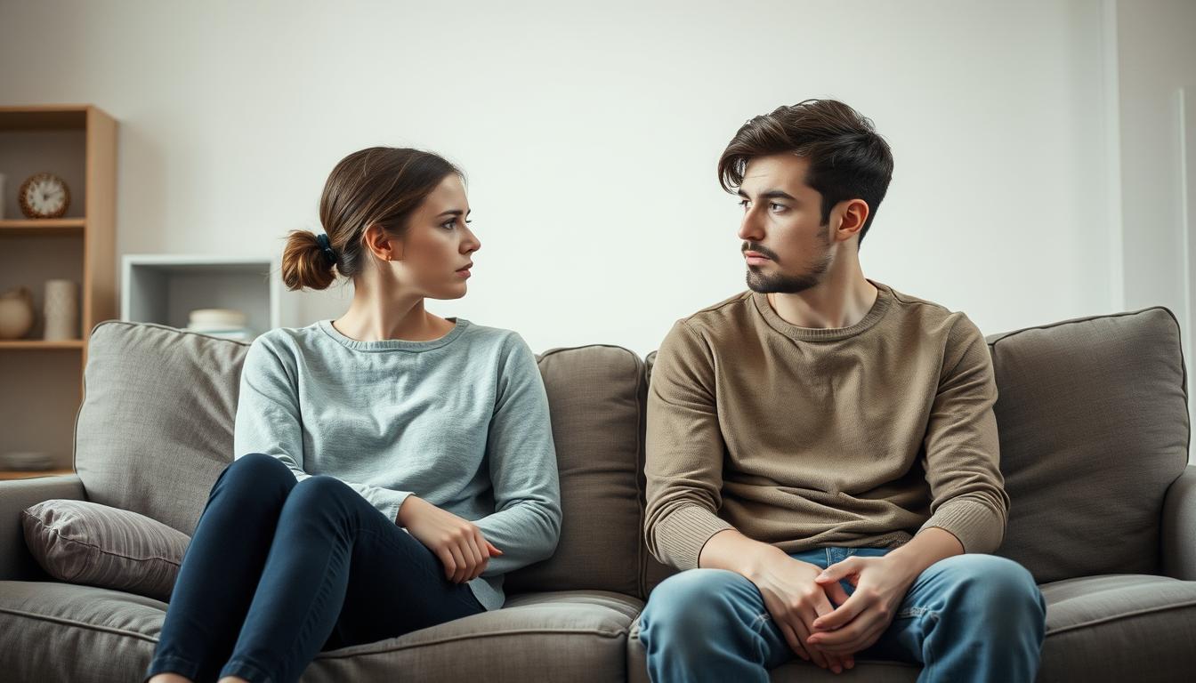 Cuplu tânăr stând pe canapea, anxietate în relație vizibilă