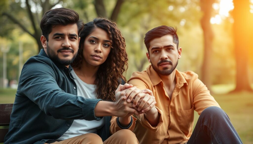 Cuplu ținându-se de mâini cu prudență, expresii serioase dar deschise, simbolizând posibilitatea reconstrucției după infidelitate