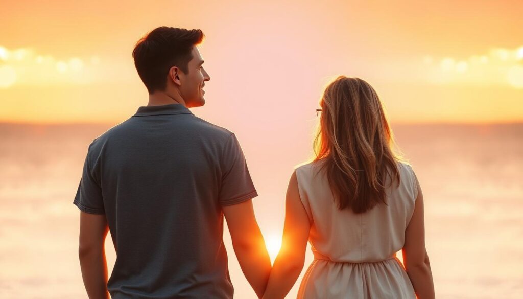 Cuplu zâmbind și privind împreună spre viitor cu optimism