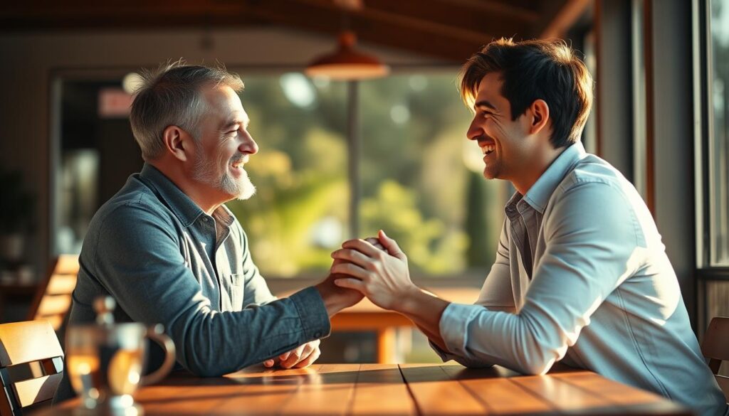 Cuplu zâmbind și ținându-se de mâini reprezentând reconstruirea intimității