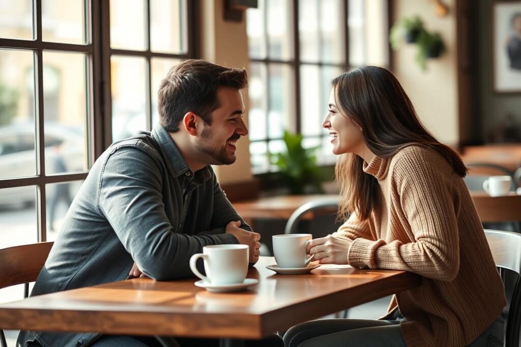 Cupluri discutând și comunicând deschis la o cafea