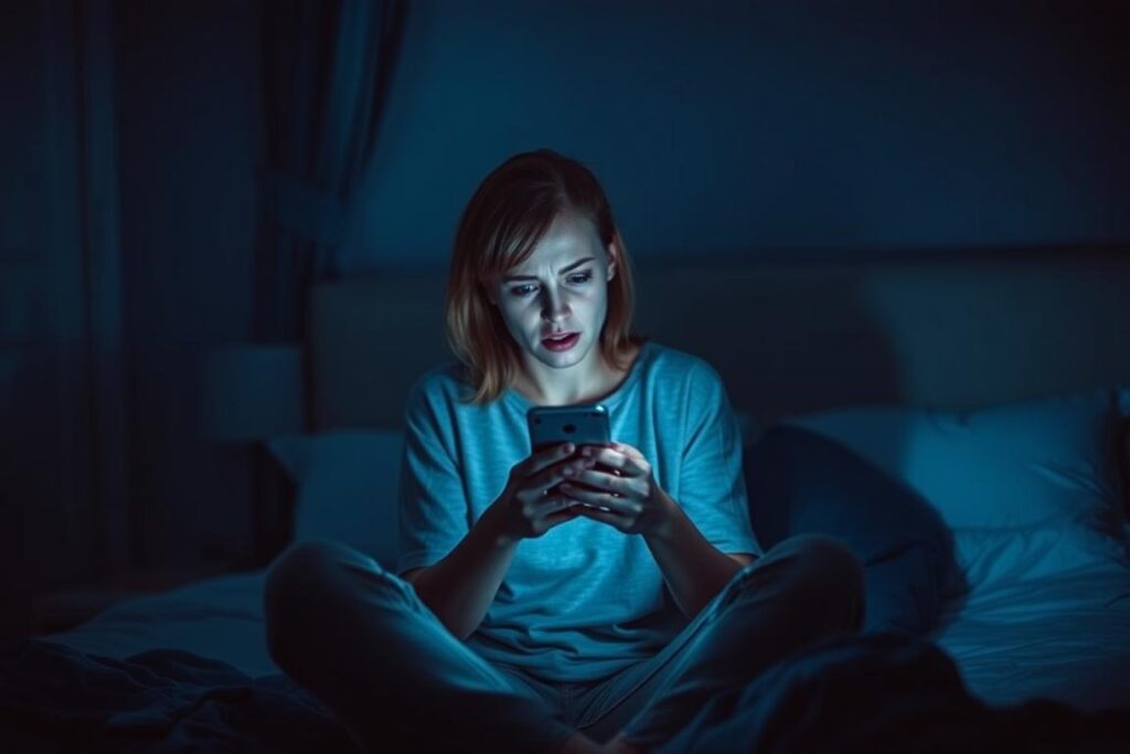 Femeie cu expresie anxioasă verificând telefonul așteptând mesaj de la partener