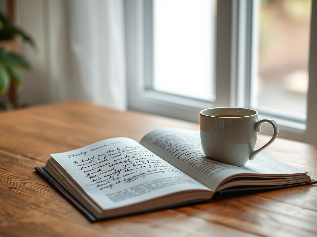 Jurnal personal și cană de cafea pe masă, reprezentând procesul de auto-reflecție necesar în vindecarea după trădare