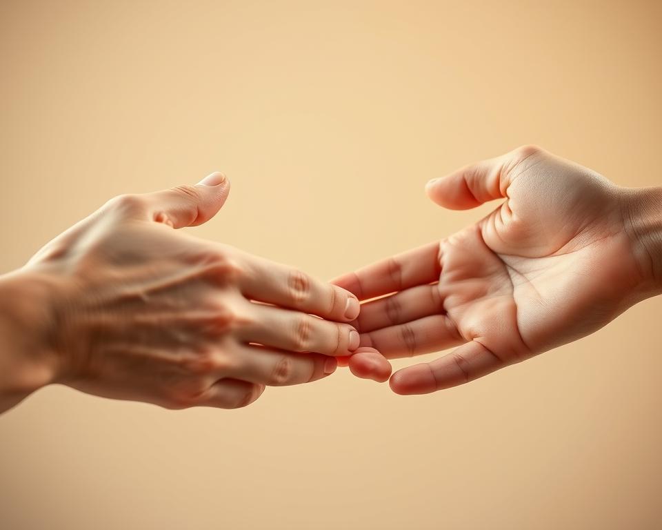 Mâini deschise într-un gest de comunicare și vulnerabilitate
