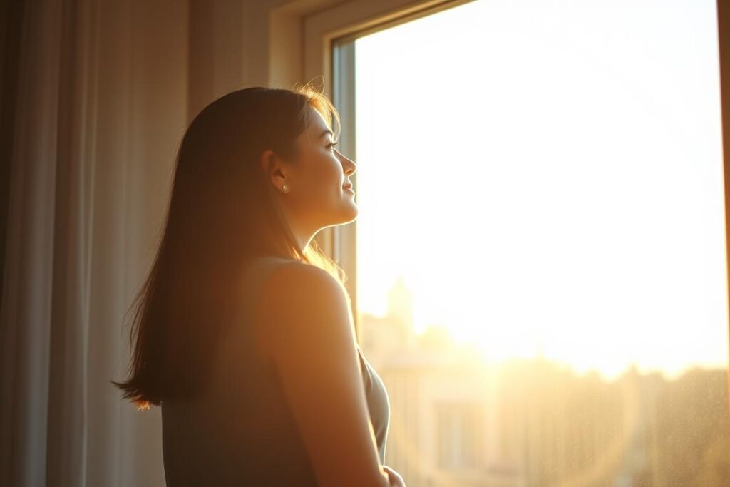 Persoană contemplând cu speranță viitorul relațional