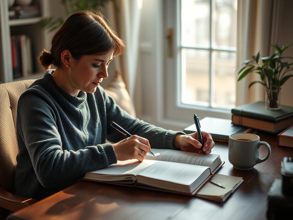 Persoană scriind în jurnal pentru procesare emoțională