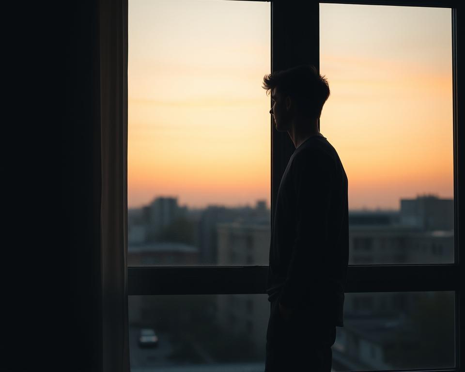 Persoană singură privind pe geam cu expresie tristă