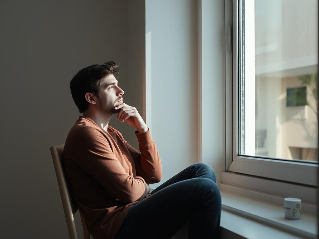 Persoană singură reflectând asupra unei relații afectate de infidelitate, expresie de confuzie și durere emoțională